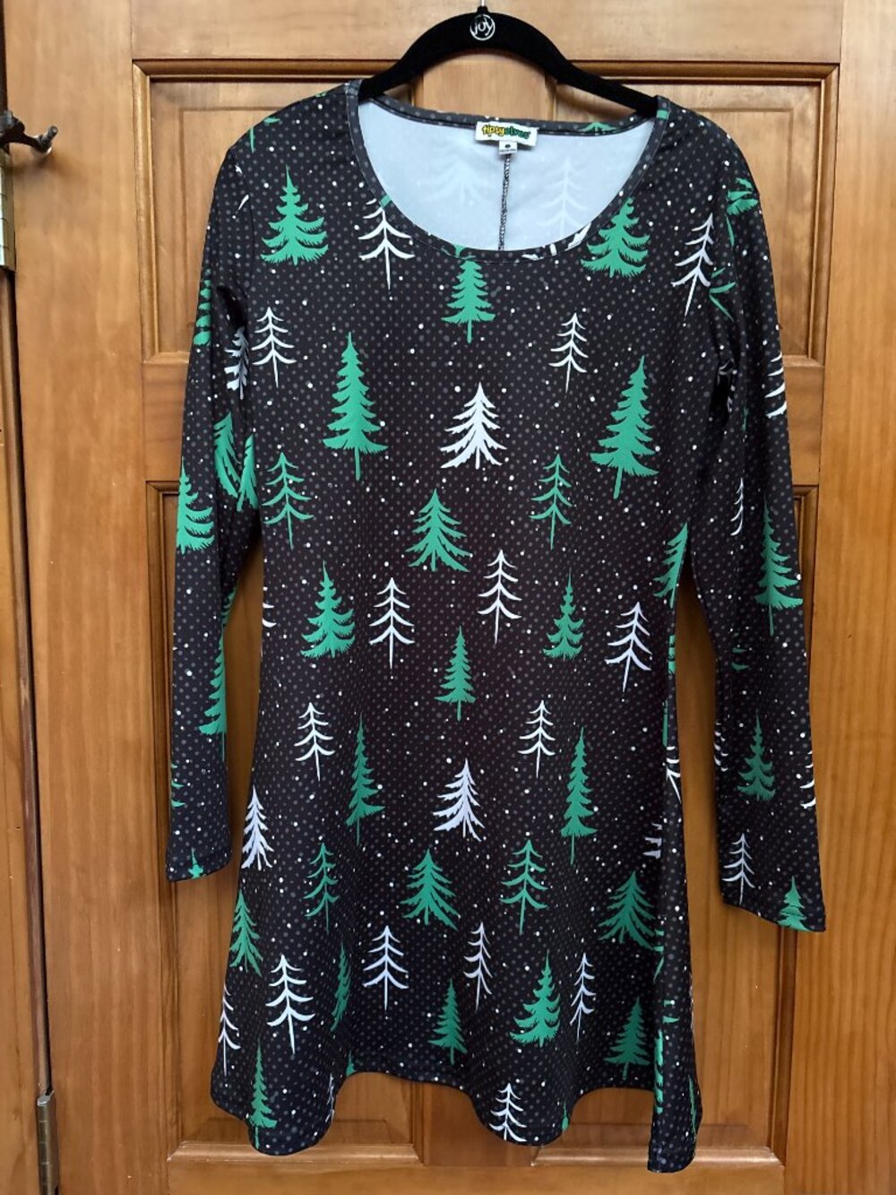 Tipsy Elves Christmas Tree Long Sleeve Dress Black Green Snow Pine Size Small